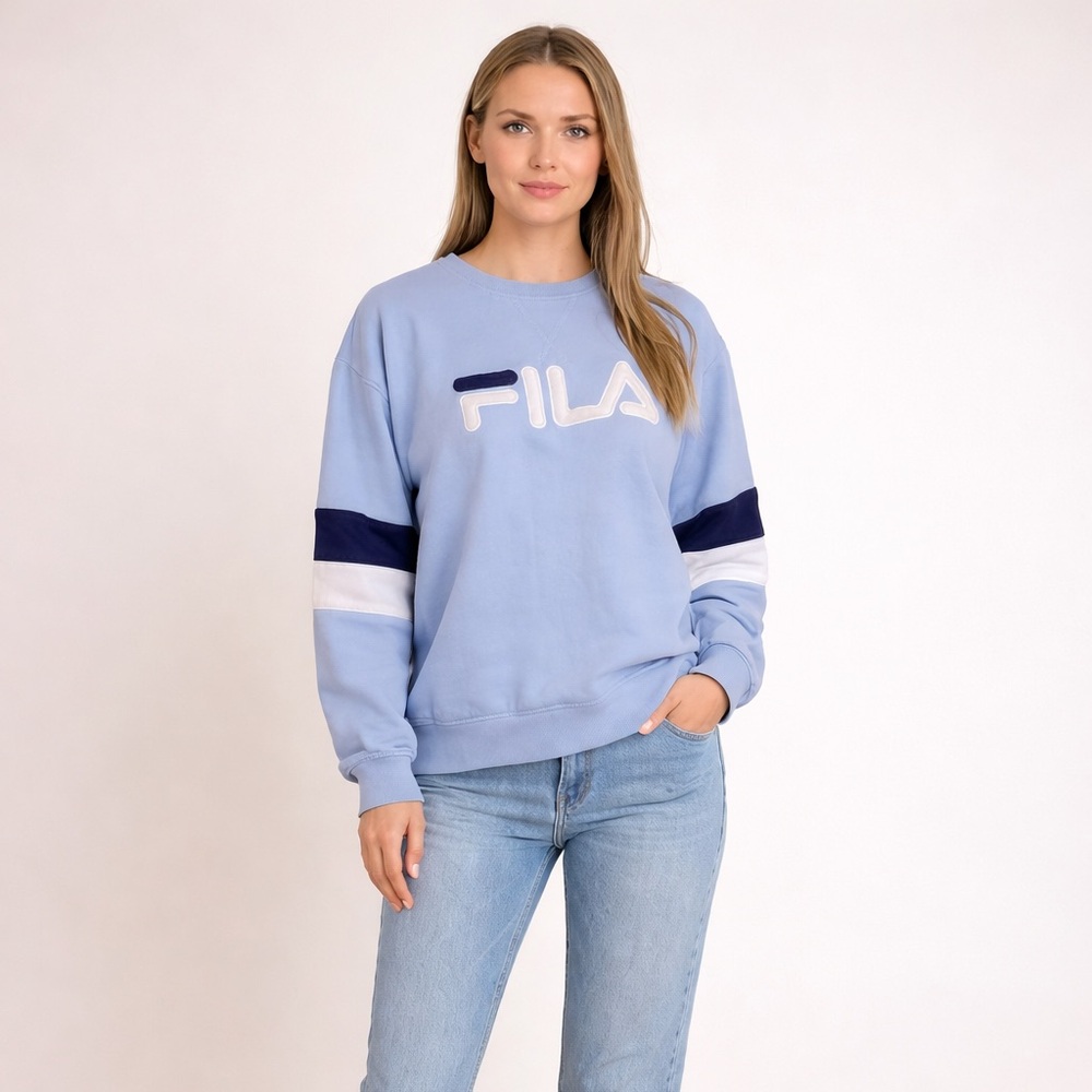 FILA Light Blue Logo Sweatshirt XL Oversized Striped Sleeve Athleisure Pullover